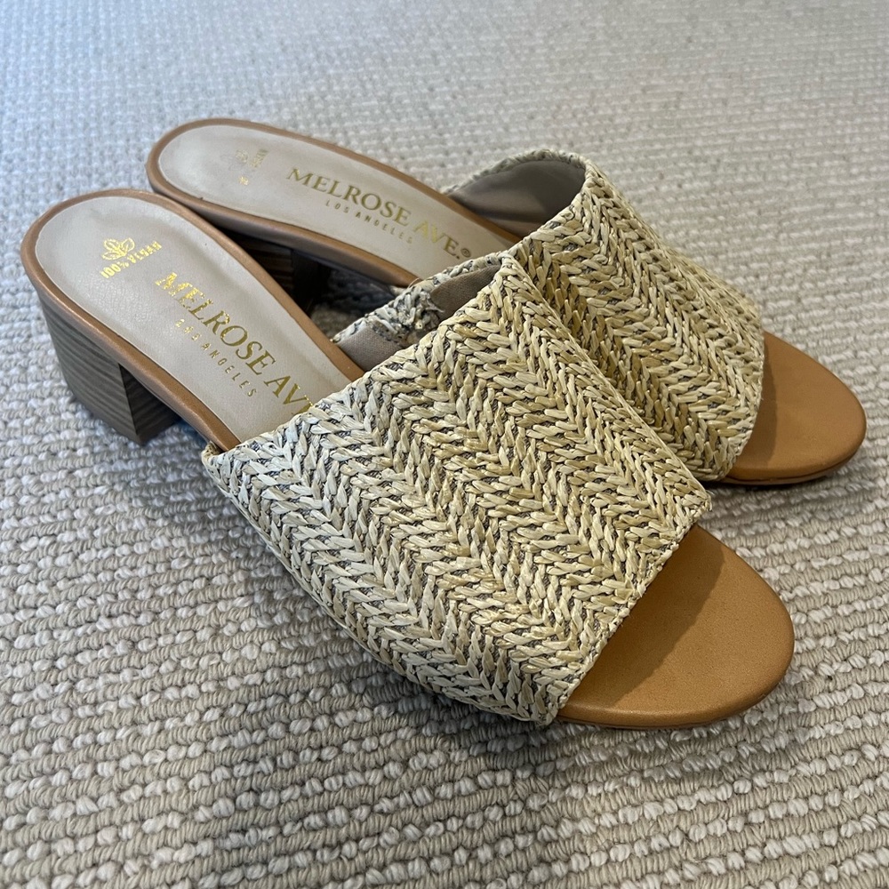 Faux raffia block heel slide sandals